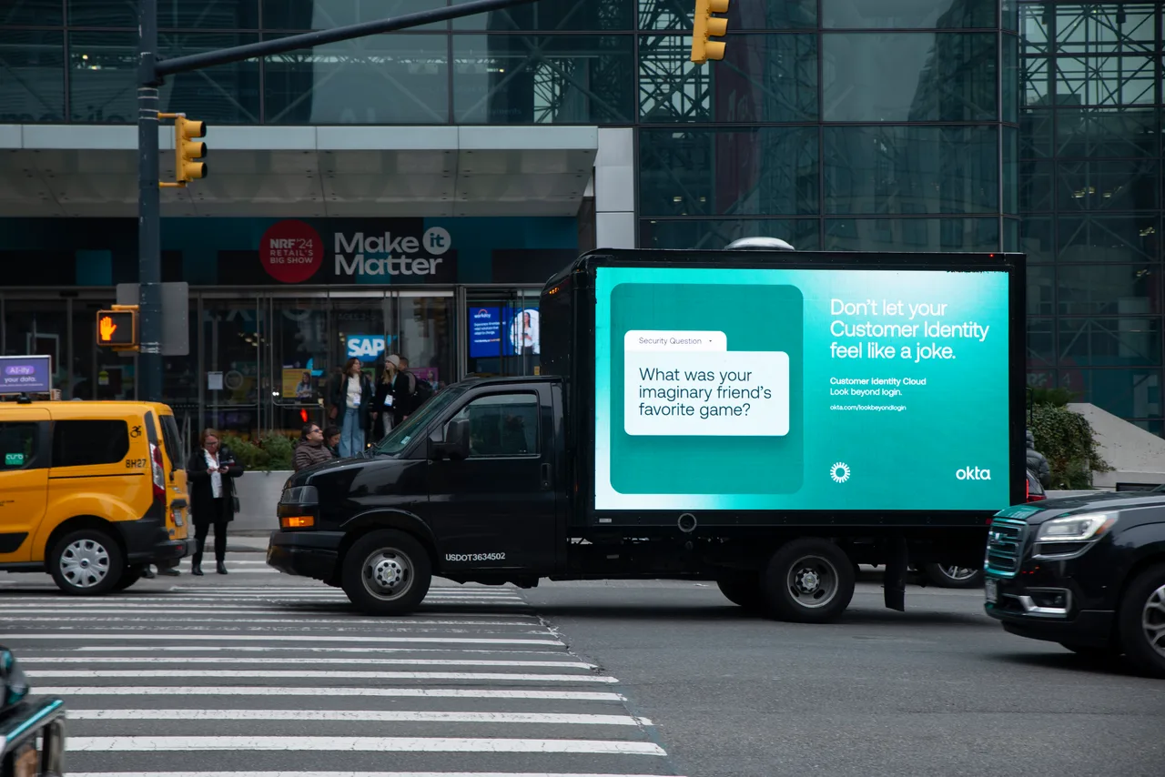 LED truck carrying a Okta campaign in New York