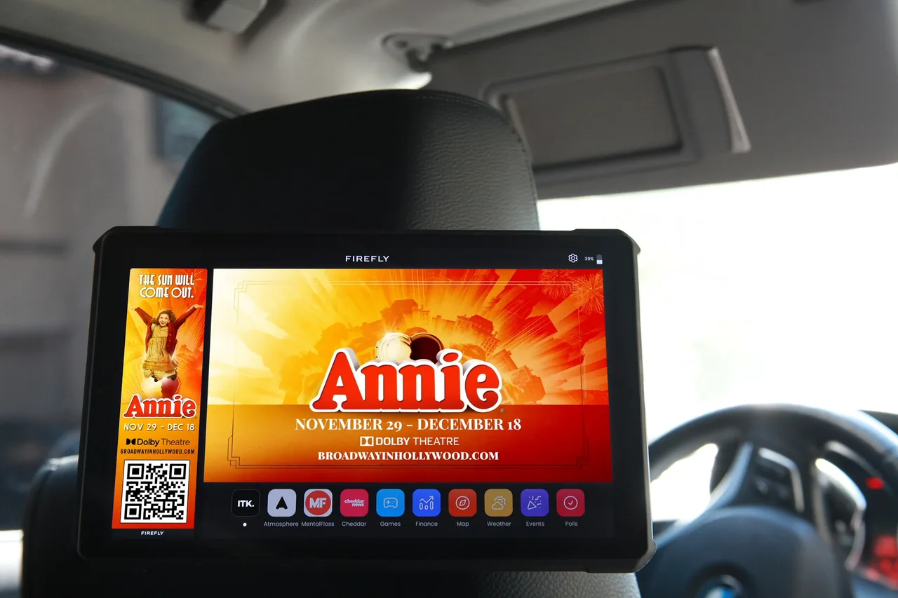 In-car screen carrying a Nederlander campaign in Los Angeles
