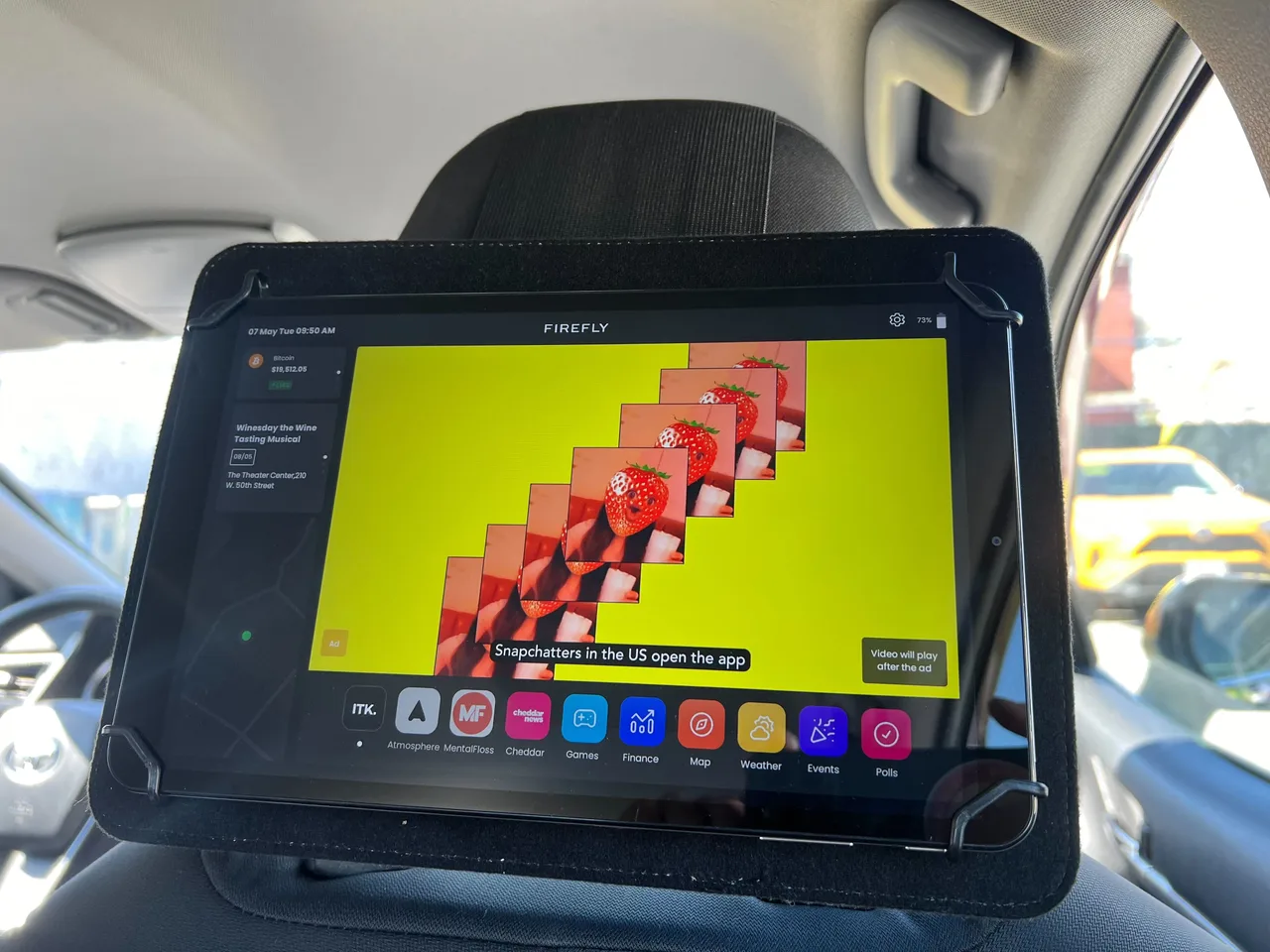 In-car screen carrying a Snapchat campaign in New York