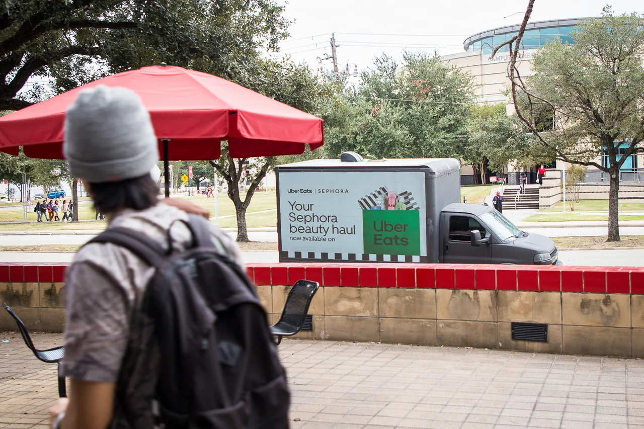 Uber Eats with Sephora campaign on an LED truck at a university campus, Houston, 2025